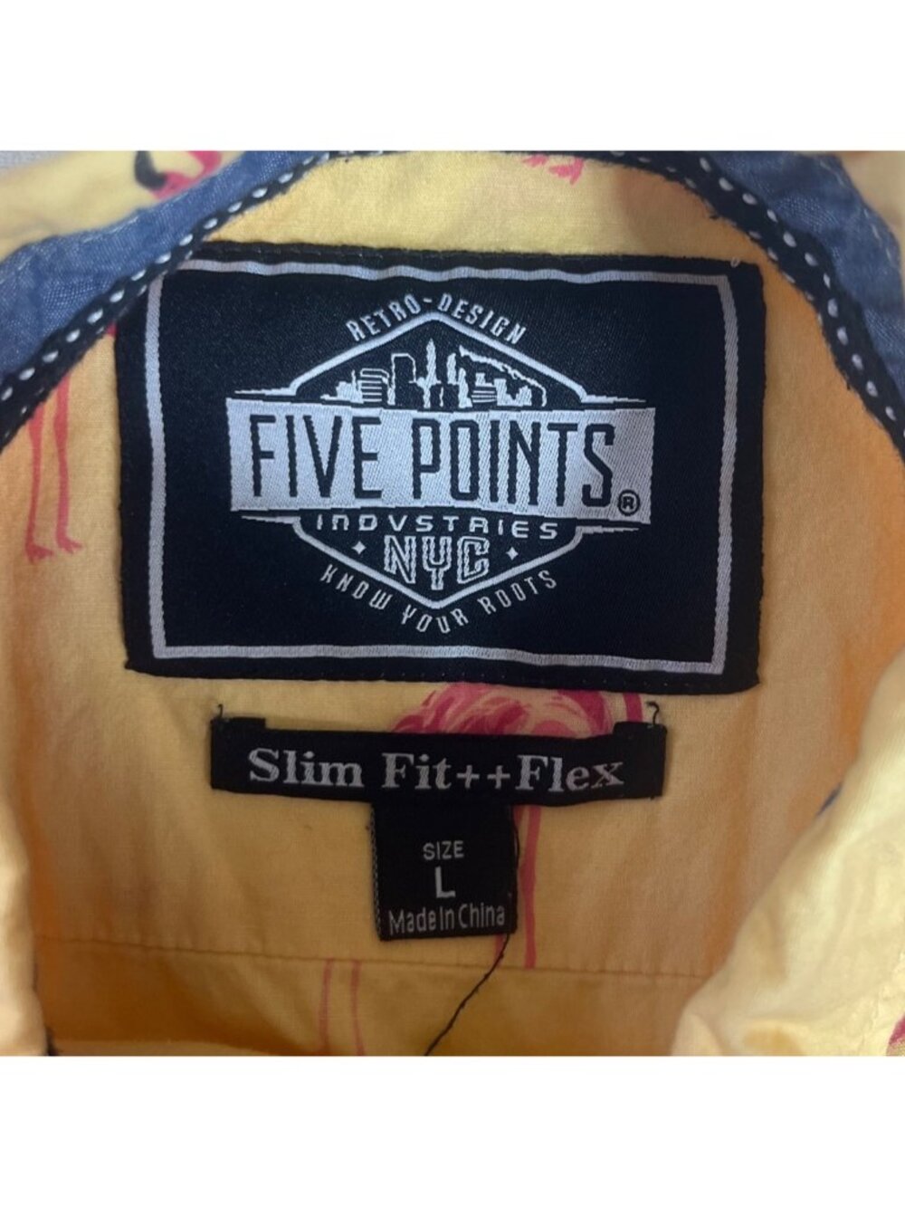 Five Points NYC Flamingo Print Button Up Shirt Large Yellow Slim Fit - Picture 5 of 7
